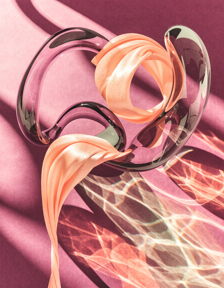 A sculptural composition of peach silk intertwined with plum glass arches